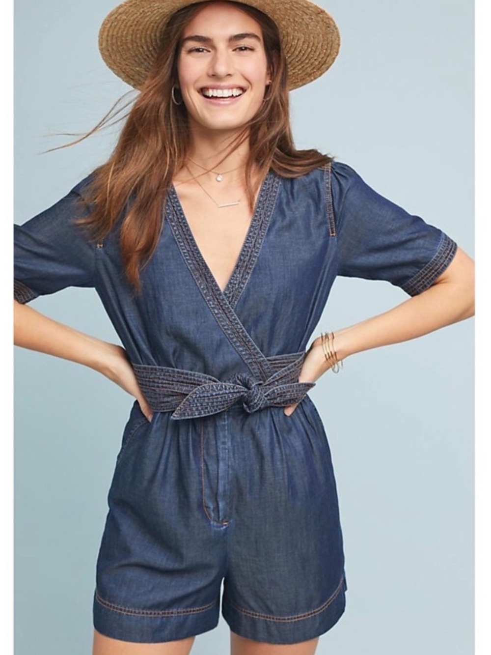 Anthropologie Pilcro Denim Belted Romper Size 2